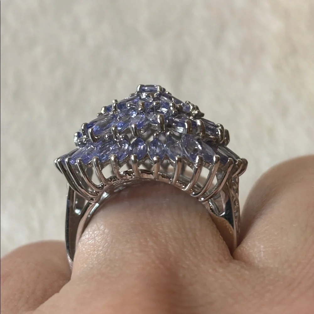 5.60 CTW Genuine Tanzanite Flower 925 Sterling Silver Ring
